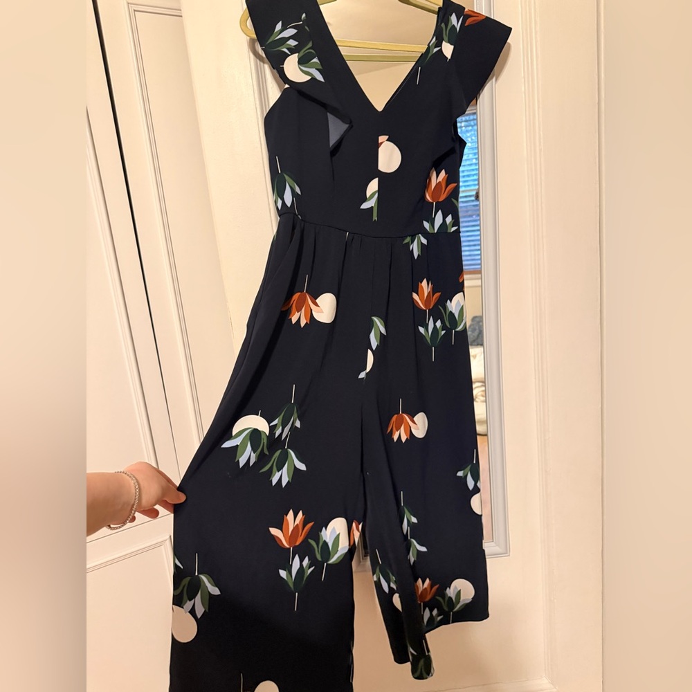 Ann Taylor Navy Floral V-Neck Culotte Jumpsuit